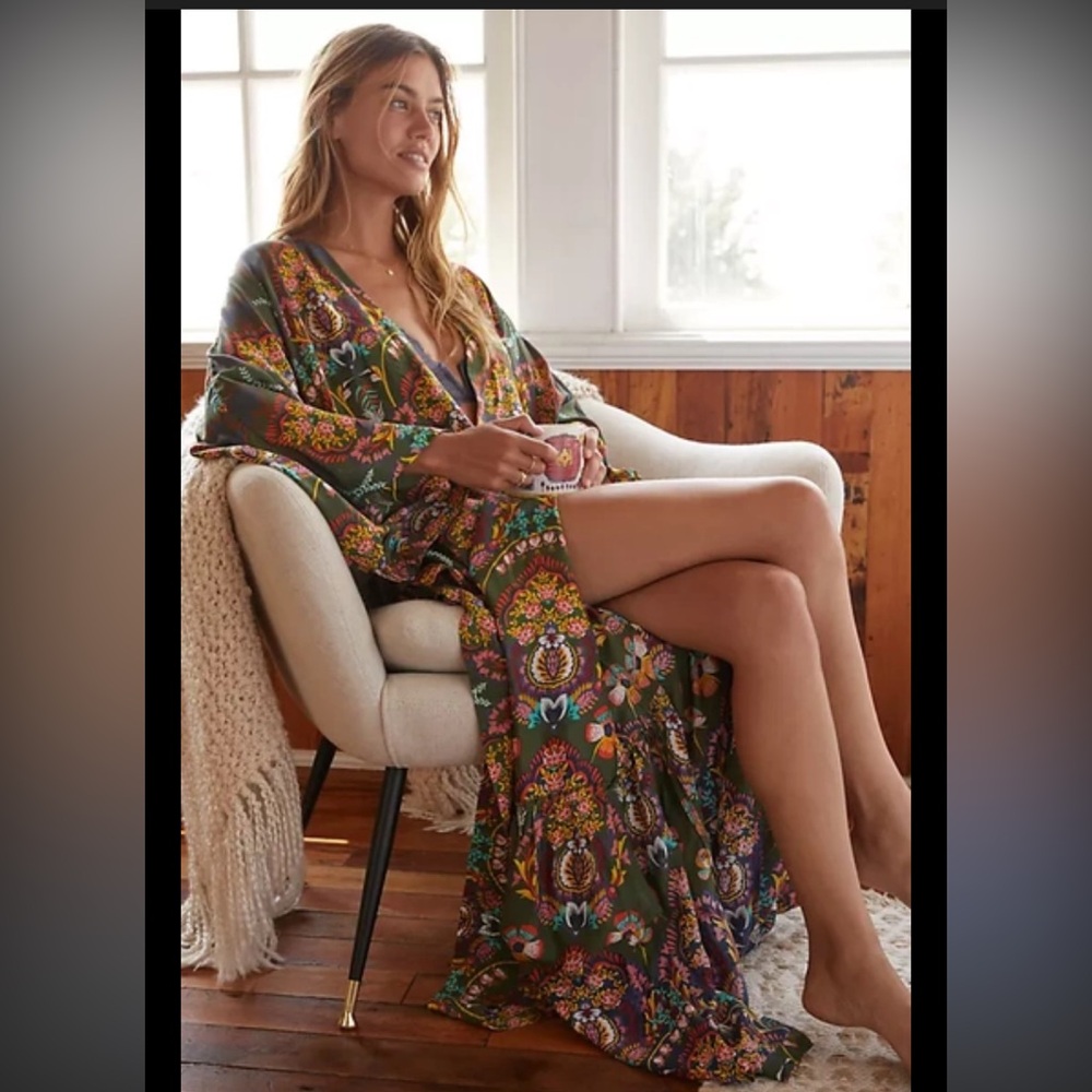 New Anthropologie Emmanuelle Boho Olive Green Paisley Belted Robe Cover Up S - Picture 2 of 7